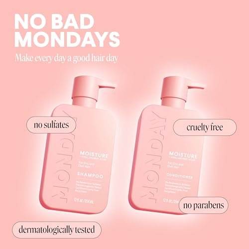 MONDAY HAIRCARE Moisture Shampoo & Conditioner Set for Dry, Frizzy Hair – Coconut Oil, Rice Protein, Shea Butter & Vitamin E – 12 fl oz Each (Pack of 2) Avelisse