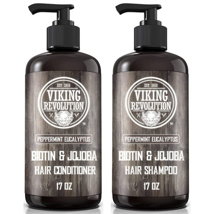 Viking Revolution Biotin Men's Shampoo and Conditioner Set - Eucalyptus & Peppermint Oil Hair Care for Thinning Hair (17 Oz Each) Avelisse