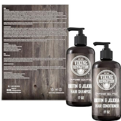 Viking Revolution Biotin Men's Shampoo and Conditioner Set - Eucalyptus & Peppermint Oil Hair Care for Thinning Hair (17 Oz Each) Avelisse