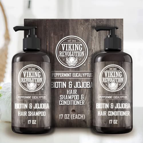 Viking Revolution Biotin Men's Shampoo and Conditioner Set - Eucalyptus & Peppermint Oil Hair Care for Thinning Hair (17 Oz Each) Avelisse