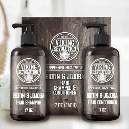 Viking Revolution Biotin Men's Shampoo and Conditioner Set - Eucalyptus & Peppermint Oil Hair Care for Thinning Hair (17 Oz Each) Avelisse
