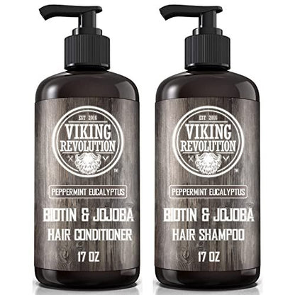 Viking Revolution Biotin Men's Shampoo and Conditioner Set - Eucalyptus & Peppermint Oil Hair Care for Thinning Hair (17 Oz Each) Avelisse