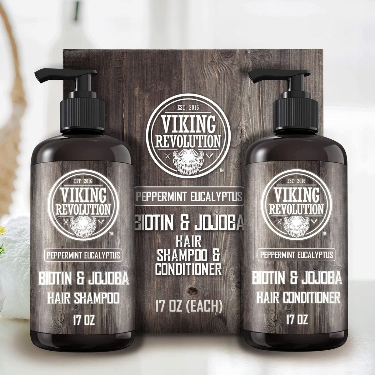Viking Revolution Biotin Men's Shampoo and Conditioner Set - Eucalyptus & Peppermint Oil Hair Care for Thinning Hair (17 Oz Each) Avelisse