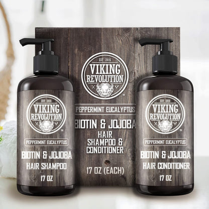 Viking Revolution Biotin Men's Shampoo and Conditioner Set - Eucalyptus & Peppermint Oil Hair Care for Thinning Hair (17 Oz Each) Avelisse