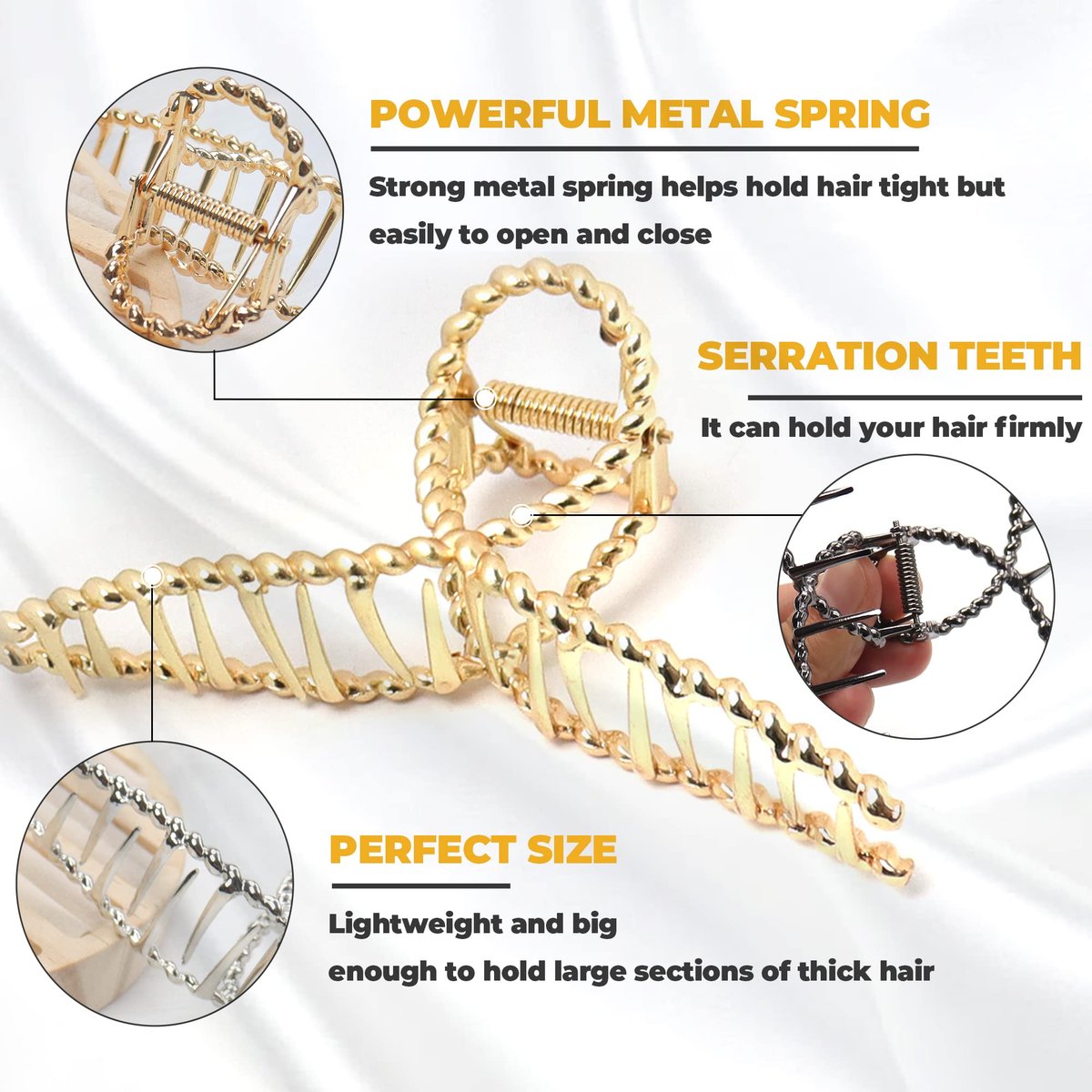 Bphne 3 Pack Metal Hair Clips for Women – 4.5 Inch Large Non Slip Claw Clips with Strong Hold, Heavy Duty Jaw Hair Clamps for Thick Hair (Gold, Silver, Black) - görsel 5