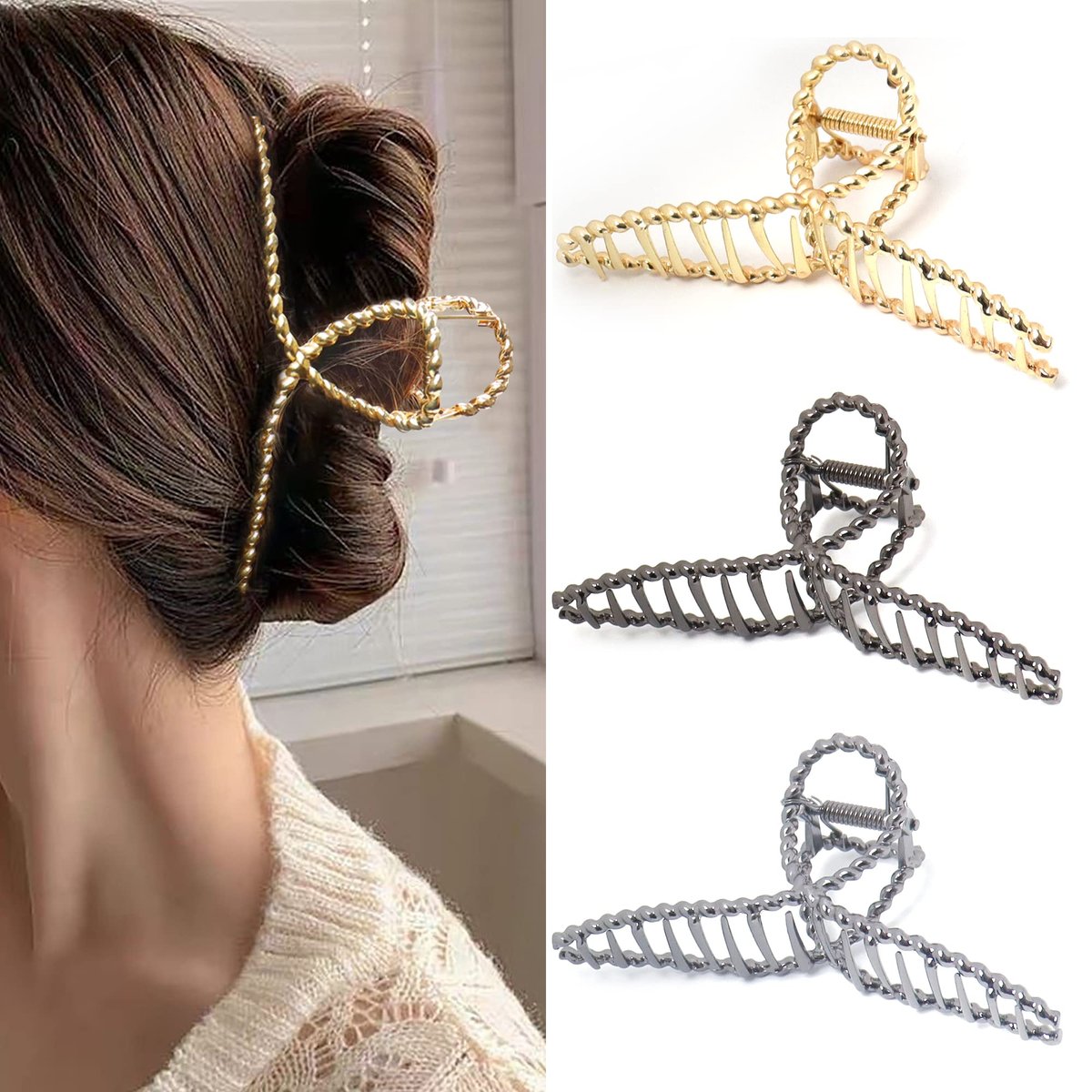 Bphne 3 Pack Metal Hair Clips for Women – 4.5 Inch Large Non Slip Claw Clips with Strong Hold, Heavy Duty Jaw Hair Clamps for Thick Hair (Gold, Silver, Black) - görsel 1