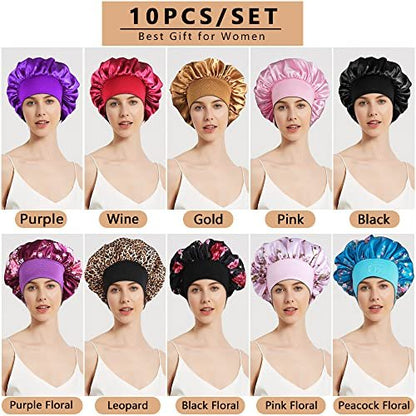 10-Pack Satin Bonnets for Women – Large Braids Bonnet with Wide Band for Sleeping Avelisse