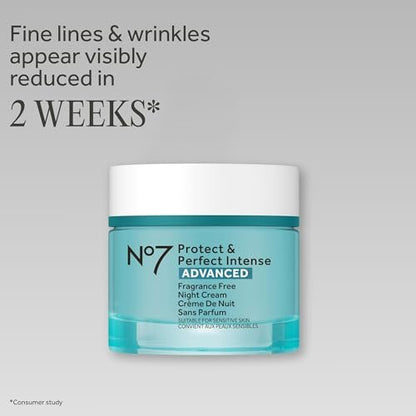 No7 Protect & Perfect Intense Advanced Night Cream Fragrance Free - Vitamin E & Shea Butter Face Cream - Fine Line Reducing Moisturizer with Collagen Peptide Technology (1.69 fl oz)
