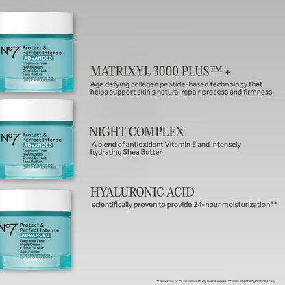 No7 Protect & Perfect Intense Advanced Night Cream Fragrance Free - Vitamin E & Shea Butter Face Cream - Fine Line Reducing Moisturizer with Collagen Peptide Technology (1.69 fl oz)