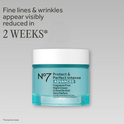 No7 Protect & Perfect Intense Advanced Night Cream Fragrance Free - Vitamin E & Shea Butter Face Cream - Fine Line Reducing Moisturizer with Collagen Peptide Technology (1.69 fl oz)
