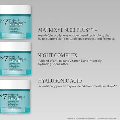 No7 Protect & Perfect Intense Advanced Night Cream Fragrance Free - Vitamin E & Shea Butter Face Cream - Fine Line Reducing Moisturizer with Collagen Peptide Technology (1.69 fl oz)