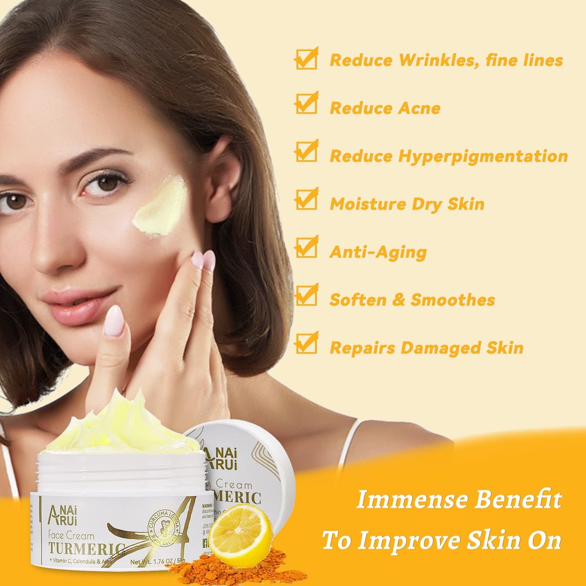 ANAI RUI Turmeric Face Cream with Vitamin C – Hydrating, Firming & Brightening Moisturizer for Dark Spots & Dry Skin (1.76 oz) - görsel 3