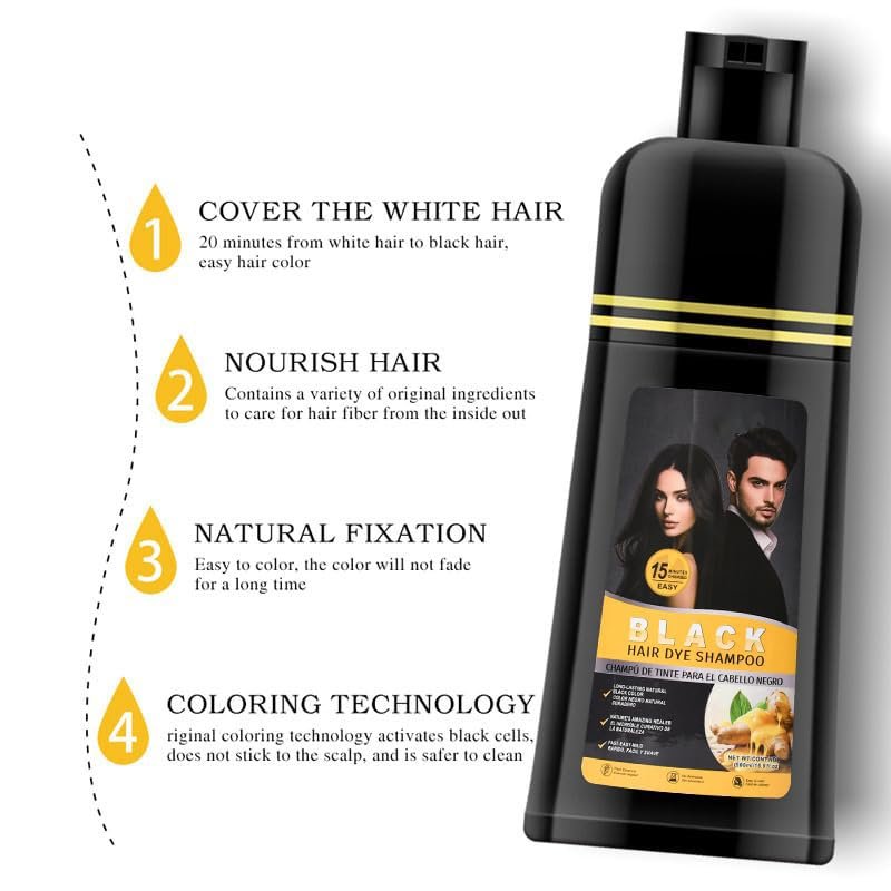 Gegong 500ml Ginger Black Hair Shampoo - Fast Semi-Permanent Hair Color Dye, 2-in-1 Nourishing Shampoo Lasts 30 Days, 5-Minute Application - görsel 5