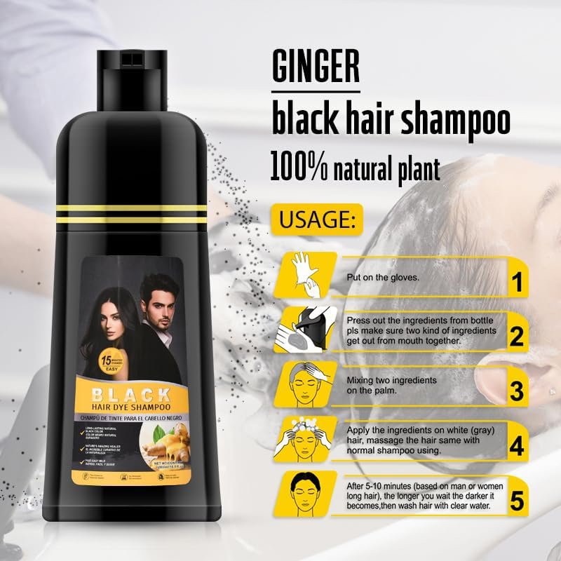 Gegong 500ml Ginger Black Hair Shampoo - Fast Semi-Permanent Hair Color Dye, 2-in-1 Nourishing Shampoo Lasts 30 Days, 5-Minute Application - görsel 6
