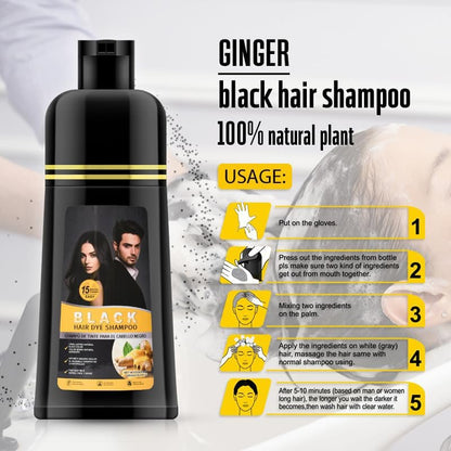 Gegong 500ml Ginger Black Hair Shampoo - Fast Semi-Permanent Hair Color Dye, 2-in-1 Nourishing Shampoo Lasts 30 Days, 5-Minute Application
