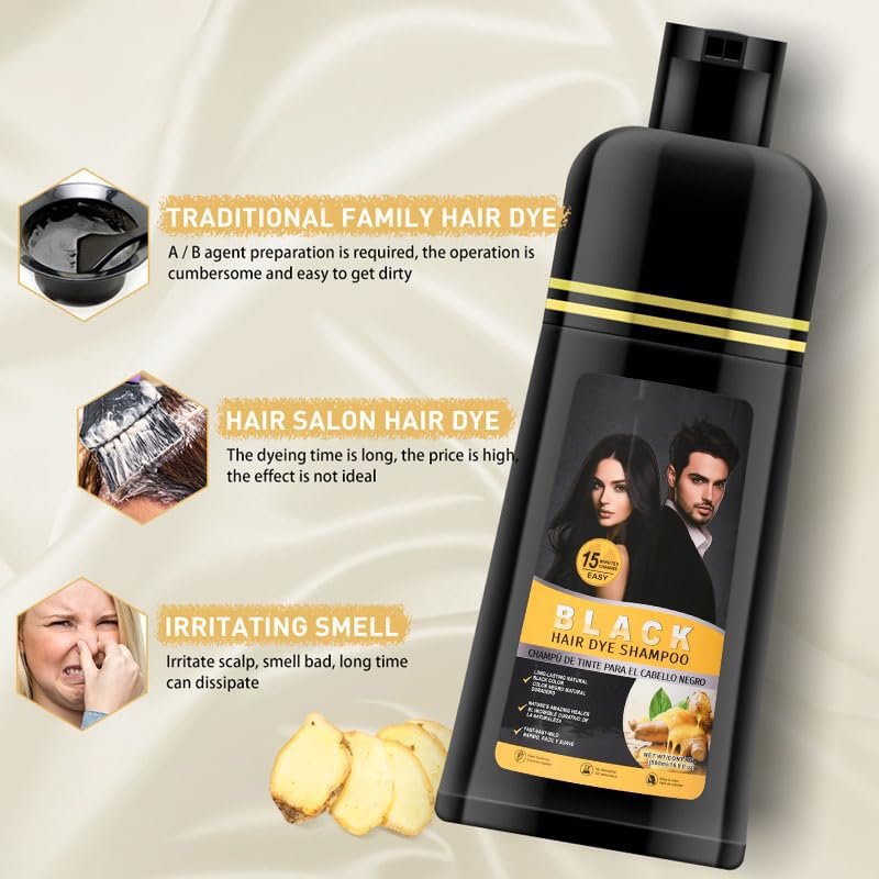Gegong 500ml Ginger Black Hair Shampoo - Fast Semi-Permanent Hair Color Dye, 2-in-1 Nourishing Shampoo Lasts 30 Days, 5-Minute Application - görsel 8