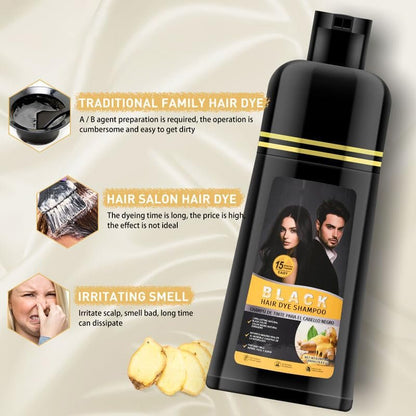 Gegong 500ml Ginger Black Hair Shampoo - Fast Semi-Permanent Hair Color Dye, 2-in-1 Nourishing Shampoo Lasts 30 Days, 5-Minute Application