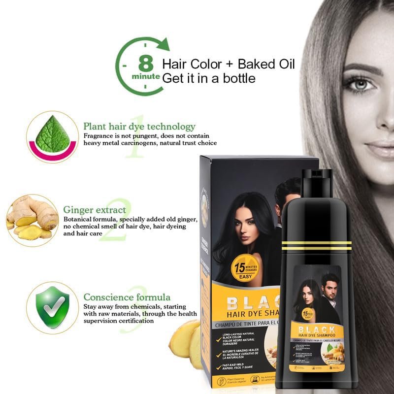Gegong 500ml Ginger Black Hair Shampoo - Fast Semi-Permanent Hair Color Dye, 2-in-1 Nourishing Shampoo Lasts 30 Days, 5-Minute Application - görsel 3
