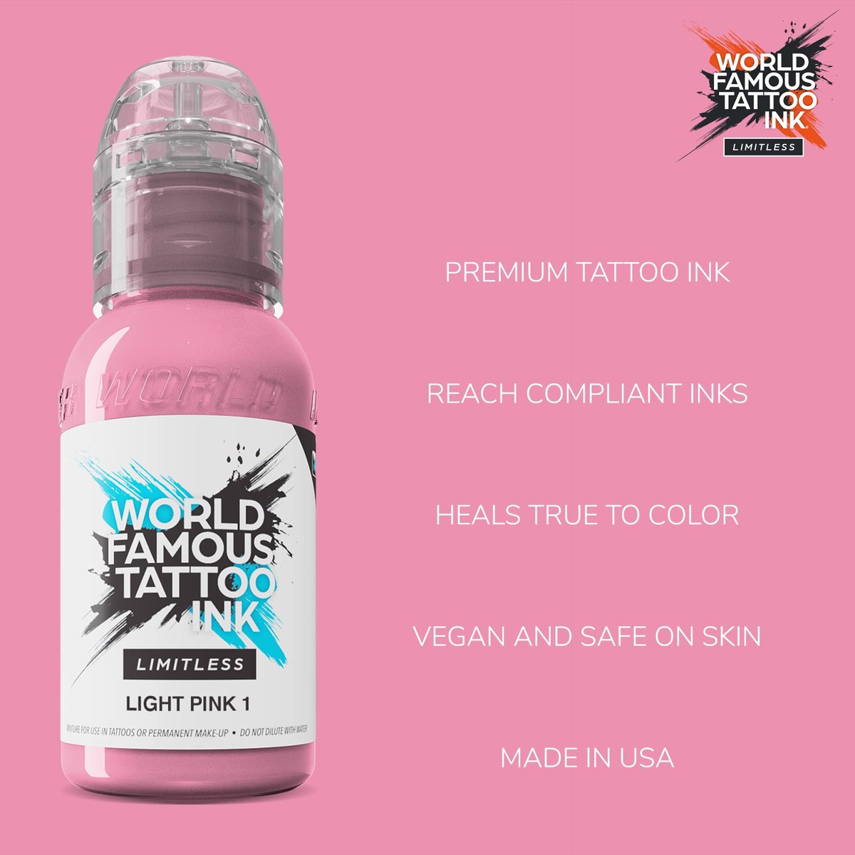 World Famous Tattoo Ink Limitless - Light Pink 1 oz - Professional Vegan & Non-Toxic Tattoo Ink - görsel 3