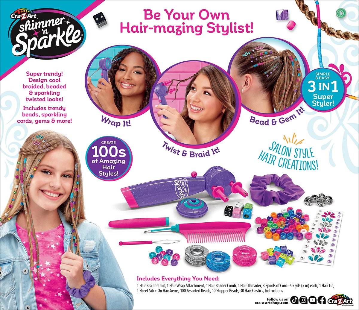 Cra-Z-Art Shimmer 'n Sparkle Braid Bead and Twist Deluxe Hair Designer - Multi-Color Hair Styling Kit for Creative Kids Avelisse