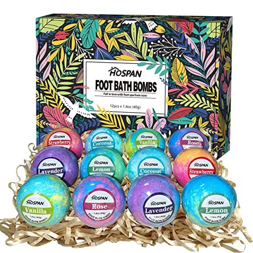 HOSPAN Organic Foot Bath Bombs Gift Set - 12 Handmade Essential Oil Foot Soaks for Sore, Tired Feet - Lavender Avelisse