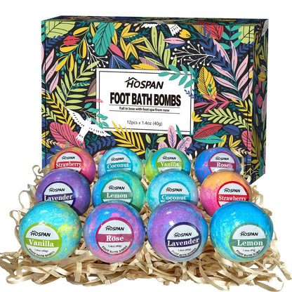 HOSPAN Organic Foot Bath Bombs Gift Set - 12 Handmade Essential Oil Foot Soaks for Sore, Tired Feet - Lavender Avelisse