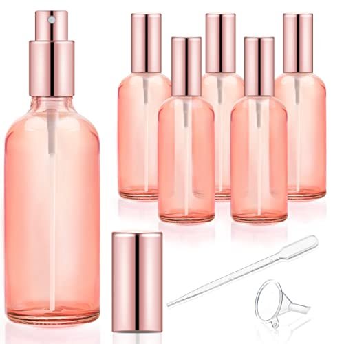 DMuuuDM 6 Pack 3.4 oz Pink Glass Spray Bottles – Empty Perfume Fine Mist Atomizer, Refillable Travel Liquid Holder for Essential Oils, Body Sprays, Cleaning Products (Rose-Golden Sprayer) Avelisse