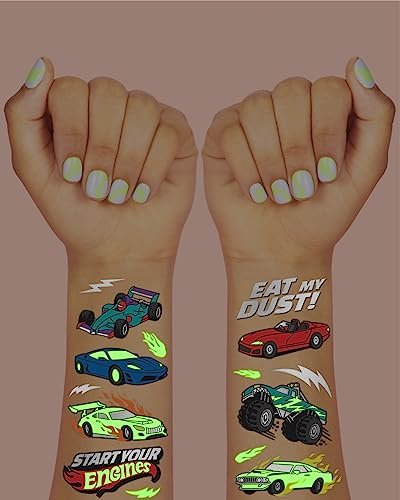 xo, Fetti Cars Glow in the Dark Temporary Tattoos - 42 Piece Monster Truck Party Favors for Kids