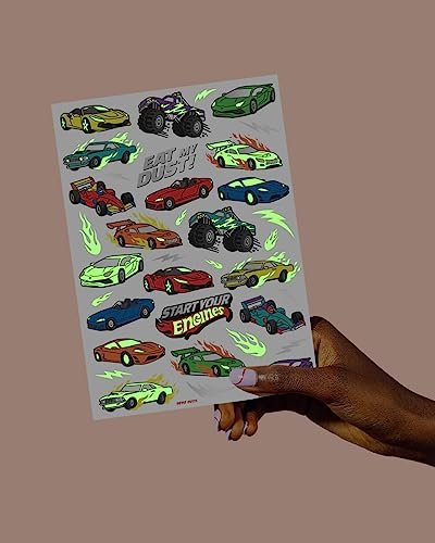 xo, Fetti Cars Glow in the Dark Temporary Tattoos - 42 Piece Monster Truck Party Favors for Kids
