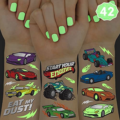 xo, Fetti Cars Glow in the Dark Temporary Tattoos - 42 Piece Monster Truck Party Favors for Kids - görsel 1