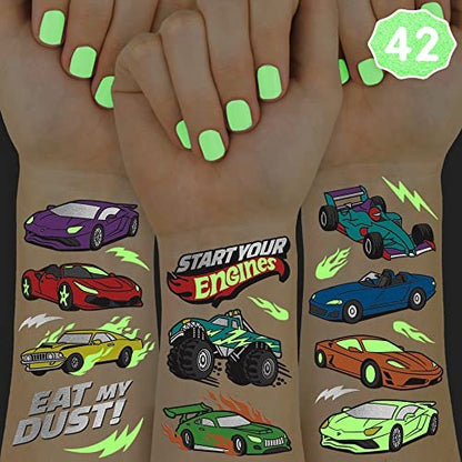 xo, Fetti Cars Glow in the Dark Temporary Tattoos - 42 Piece Monster Truck Party Favors for Kids