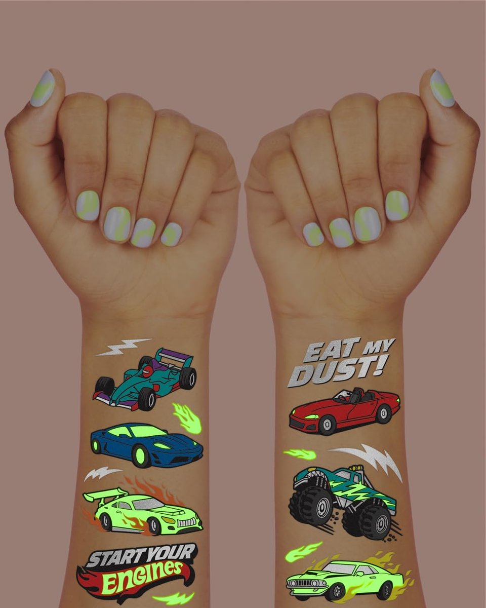 xo, Fetti Cars Glow in the Dark Temporary Tattoos - 42 Piece Monster Truck Party Favors for Kids - görsel 6