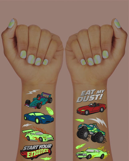 xo, Fetti Cars Glow in the Dark Temporary Tattoos - 42 Piece Monster Truck Party Favors for Kids