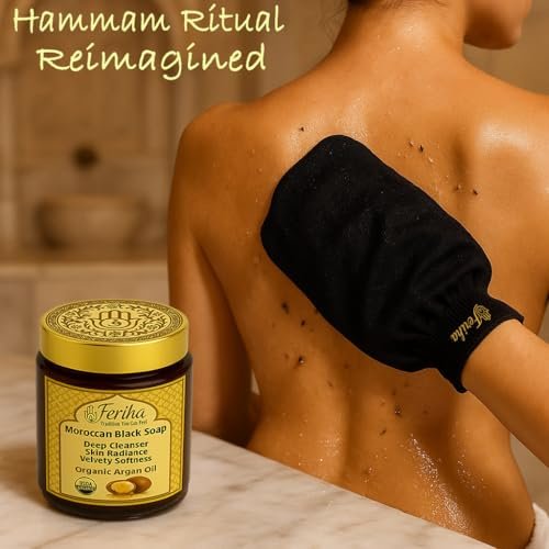 FERIHA Moroccan Black Soap (Beldi) with Organic Argan Oil – Authentic Hammam Body Cleanser – Traditional Olive Paste Formula for Deep Exfoliation Prep – Made in Morocco – 7 oz Avelisse