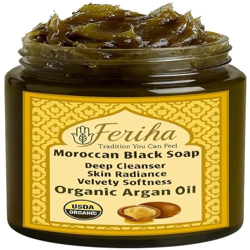 FERIHA Moroccan Black Soap (Beldi) with Organic Argan Oil – Authentic Hammam Body Cleanser – Traditional Olive Paste Formula for Deep Exfoliation Prep – Made in Morocco – 7 oz Avelisse