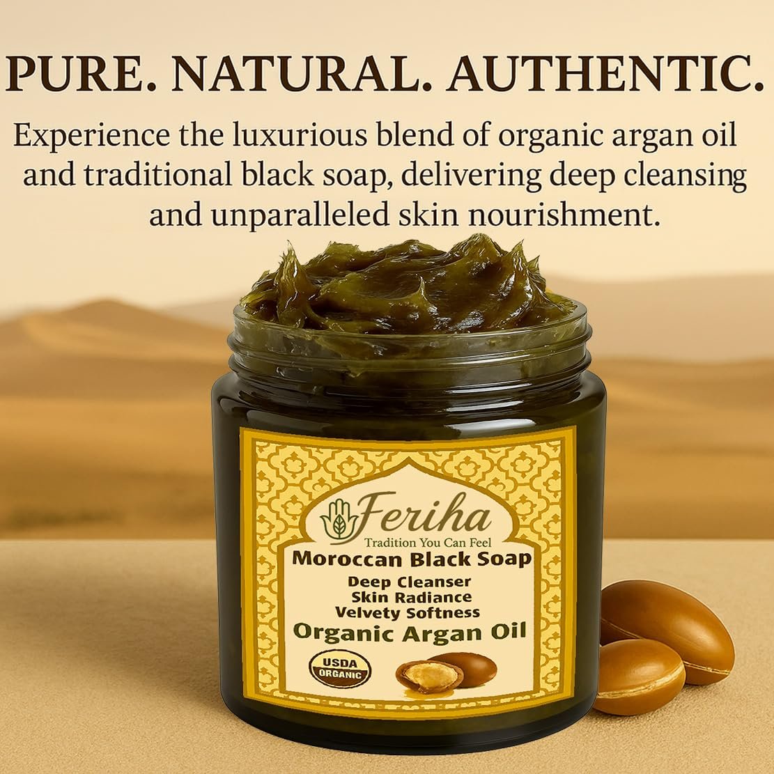 FERIHA Moroccan Black Soap (Beldi) with Organic Argan Oil – Authentic Hammam Body Cleanser – Traditional Olive Paste Formula for Deep Exfoliation Prep – Made in Morocco – 7 oz Avelisse