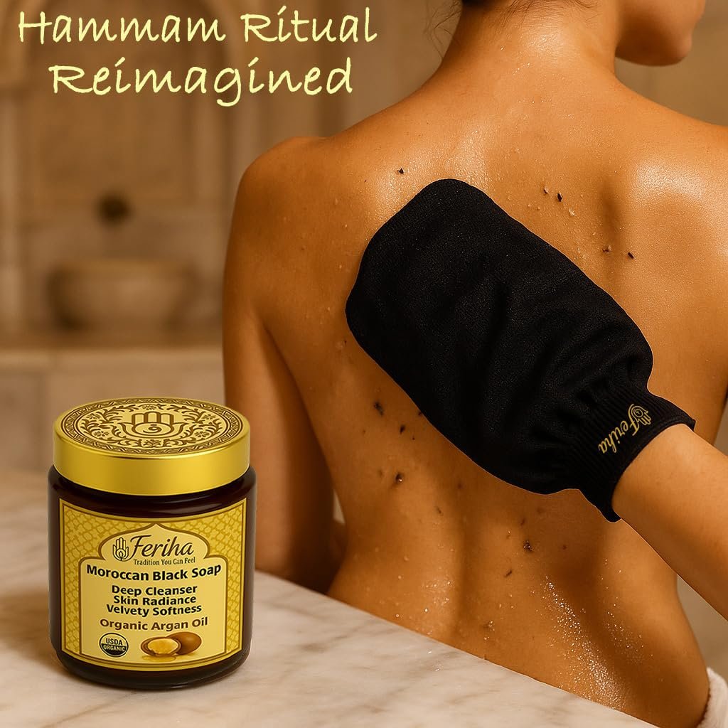 FERIHA Moroccan Black Soap (Beldi) with Organic Argan Oil – Authentic Hammam Body Cleanser – Traditional Olive Paste Formula for Deep Exfoliation Prep – Made in Morocco – 7 oz Avelisse