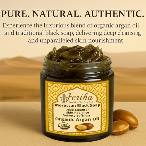 FERIHA Moroccan Black Soap (Beldi) with Organic Argan Oil – Authentic Hammam Body Cleanser – Traditional Olive Paste Formula for Deep Exfoliation Prep – Made in Morocco – 7 oz Avelisse