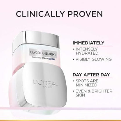 L'Oreal Paris Glycolic Bright Glowing Night Cream, 15ml – Overnight Brightening Cream with Glycolic Acid to Minimize Spots & Reveal Glowing Skin
