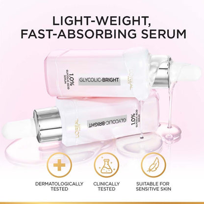 L'Oreal Paris Brightening Serum with 1% Glycolic Acid & 2% Niacinamide – Visibly Minimize Dark Spots, Reveal Even Skin Tone – 0.52 fl oz