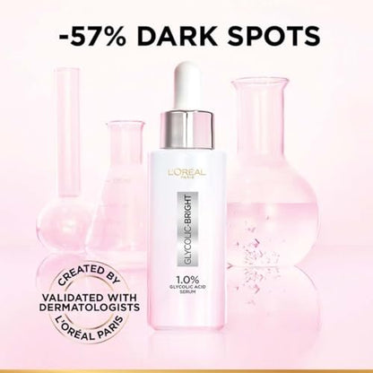 L'Oreal Paris Brightening Serum with 1% Glycolic Acid & 2% Niacinamide – Visibly Minimize Dark Spots, Reveal Even Skin Tone – 0.52 fl oz