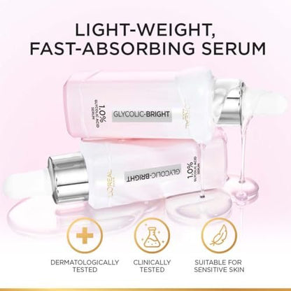 L'Oreal Paris Brightening Serum with 1% Glycolic Acid & 2% Niacinamide – Visibly Minimize Dark Spots, Reveal Even Skin Tone – 0.52 fl oz