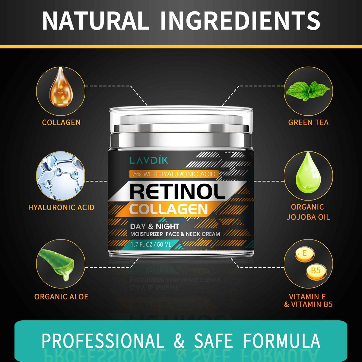 Retinol Cream for Face with Hyaluronic Acid - Anti Aging Moisturizer with Collagen for Women and Men, Reduces Wrinkles and Fine Lines, Day and Night Cream, 1.7 Fl Oz - görsel 9