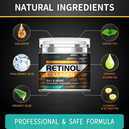 Retinol Cream for Face with Hyaluronic Acid - Anti Aging Moisturizer with Collagen for Women and Men, Reduces Wrinkles and Fine Lines, Day and Night Cream, 1.7 Fl Oz