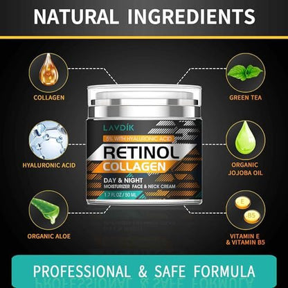 Retinol Cream for Face with Hyaluronic Acid - Anti Aging Moisturizer with Collagen for Women and Men, Reduces Wrinkles and Fine Lines, Day and Night Cream, 1.7 Fl Oz