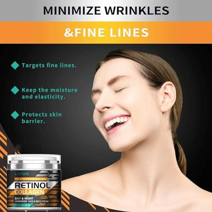 Retinol Cream for Face with Hyaluronic Acid - Anti Aging Moisturizer with Collagen for Women and Men, Reduces Wrinkles and Fine Lines, Day and Night Cream, 1.7 Fl Oz