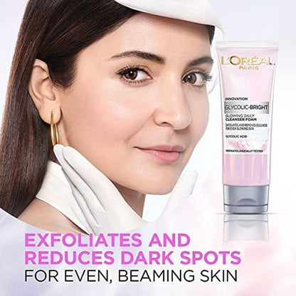 L'Oreal Paris Glycolic Bright Daily Foaming Facial Cleanser, 50ml - Glowing Face Wash for Dull Skin