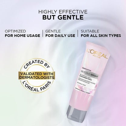 L'Oreal Paris Glycolic Bright Daily Foaming Facial Cleanser, 50ml - Glowing Face Wash for Dull Skin