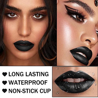 CAHIUYOA Black Matte Lipstick & Lip Liner Set – Waterproof, Long Lasting, Smudge Proof for Halloween Cosplay Goth Makeup Avelisse