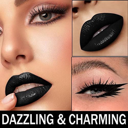 CAHIUYOA Black Matte Lipstick & Lip Liner Set – Waterproof, Long Lasting, Smudge Proof for Halloween Cosplay Goth Makeup Avelisse